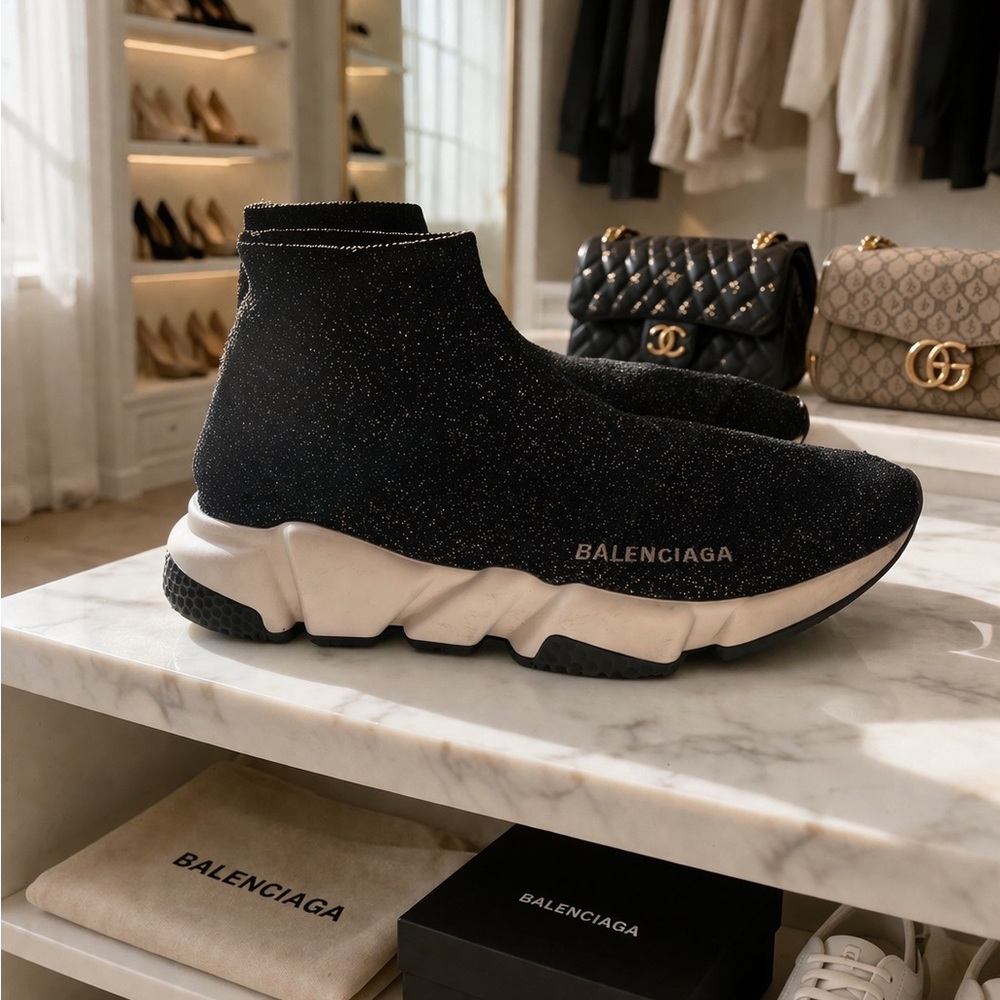 Balenciaga Black Glitter Sock Runner Sneakers